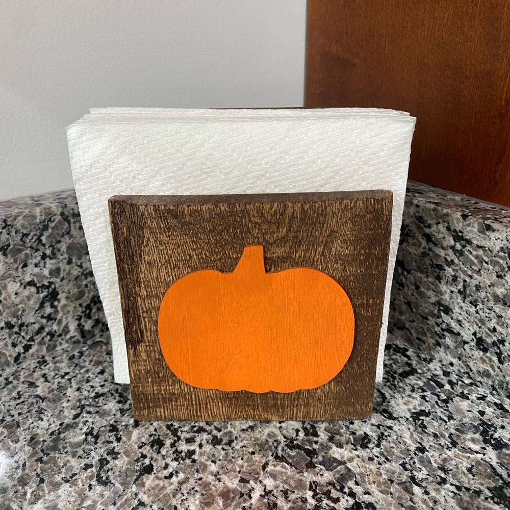 Wooden Napkin Holder with Orange Pumpkin